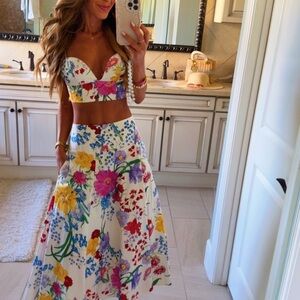 Fashion Nova White Floral A-Line Midi Skirt set with Pink Yellow Blue Accents